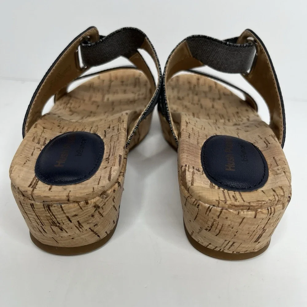 Hush Puppies Bounce Sandals Navy 6.5 M Leather Cork Wedge‎ Heel Stretch Comfort